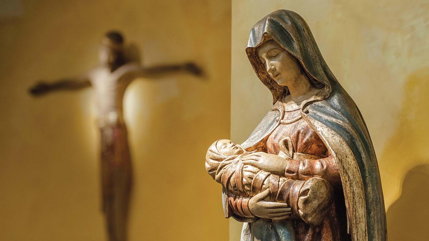 Closeup of Madonna and Child statue in Benet Chapel 